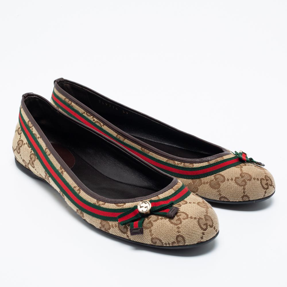 Gucci Beige/Brown GG Canvas And Leather Mayfair Detail Ballet Flats Size 39 1