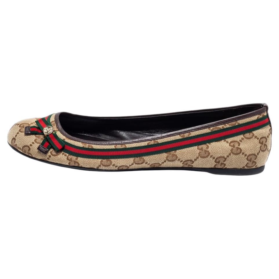 Gucci Beige/Brown GG Canvas And Leather Mayfair Detail Ballet Flats Size 39