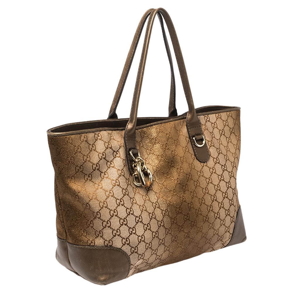 Women's Gucci Beige/Brown GG Canvas and Leather Medium Charms Embellished Heart Bit Tote
