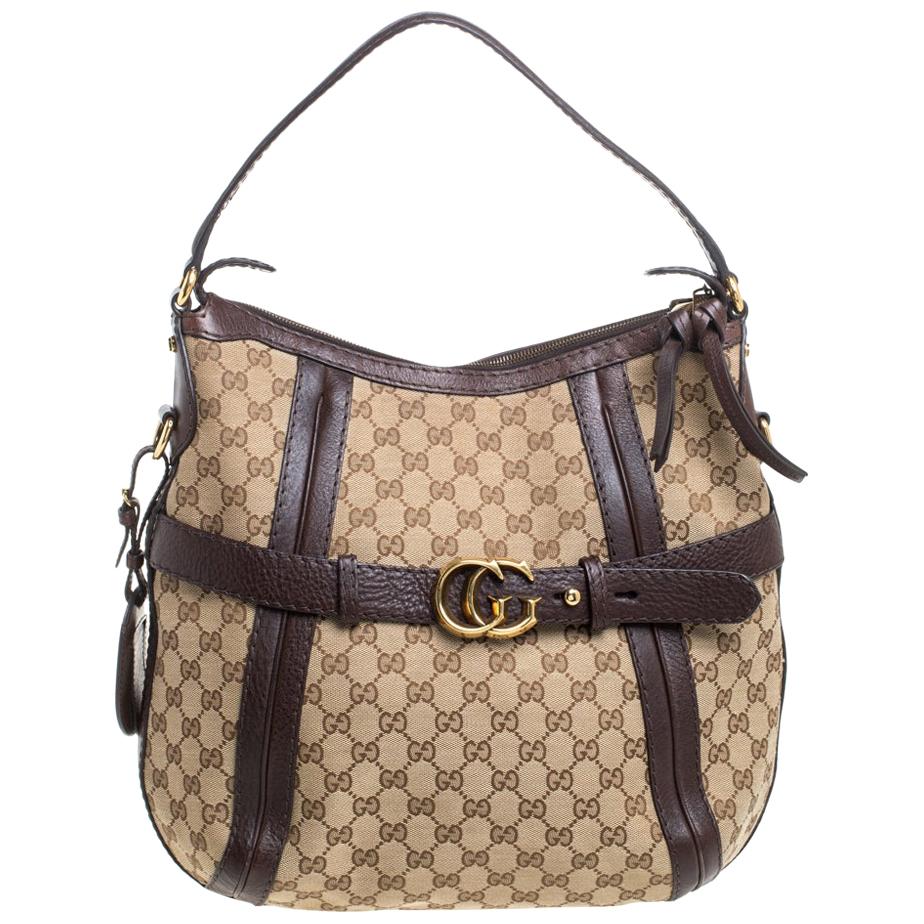 Gucci Beige/Brown GG Canvas and Leather Medium Double G Running Hobo