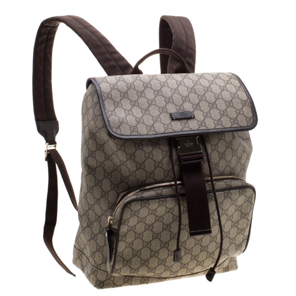 Black Gucci Beige/Brown GG Canvas and Leather Medium Flaptop Backpack