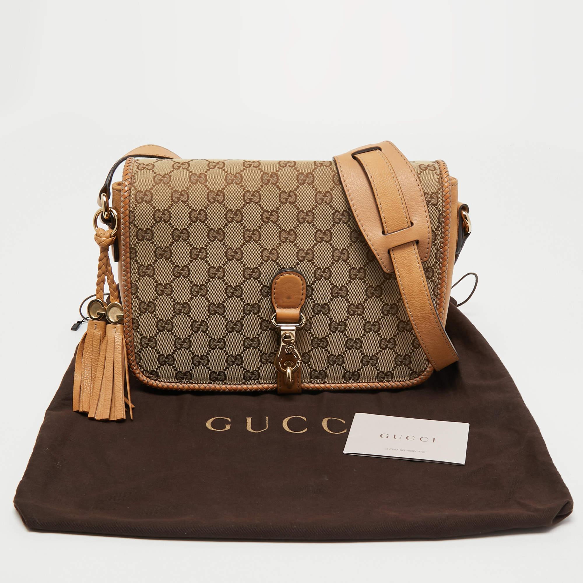 Gucci Beige/Brown GG Canvas and Leather Medium Marrakech Tassel Messenger Bag 14