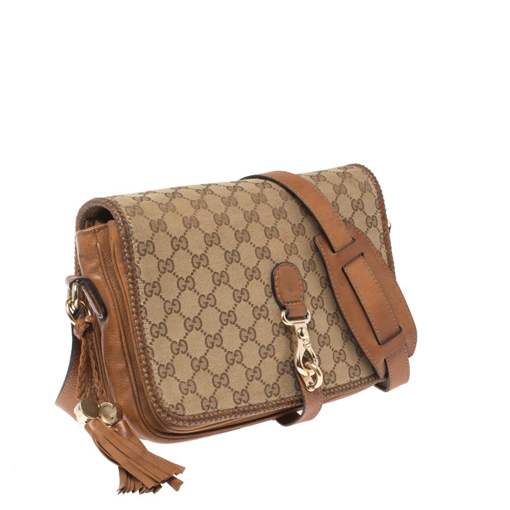 Gucci Beige/Brown GG Canvas and Leather Medium Marrakech Tassel Messenger Bag In Good Condition In Dubai, Al Qouz 2