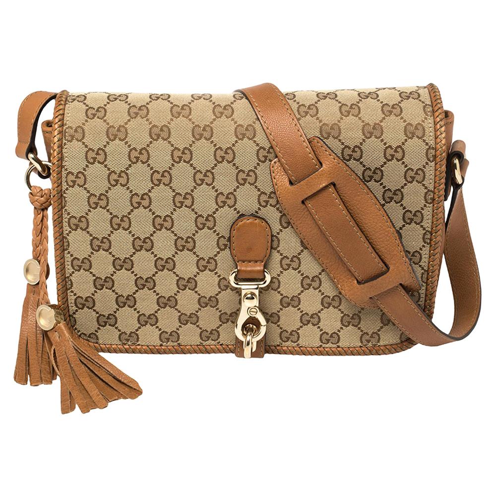 Gucci Beige/Brown GG Canvas and Leather Medium Marrakech Tassel Messenger Bag