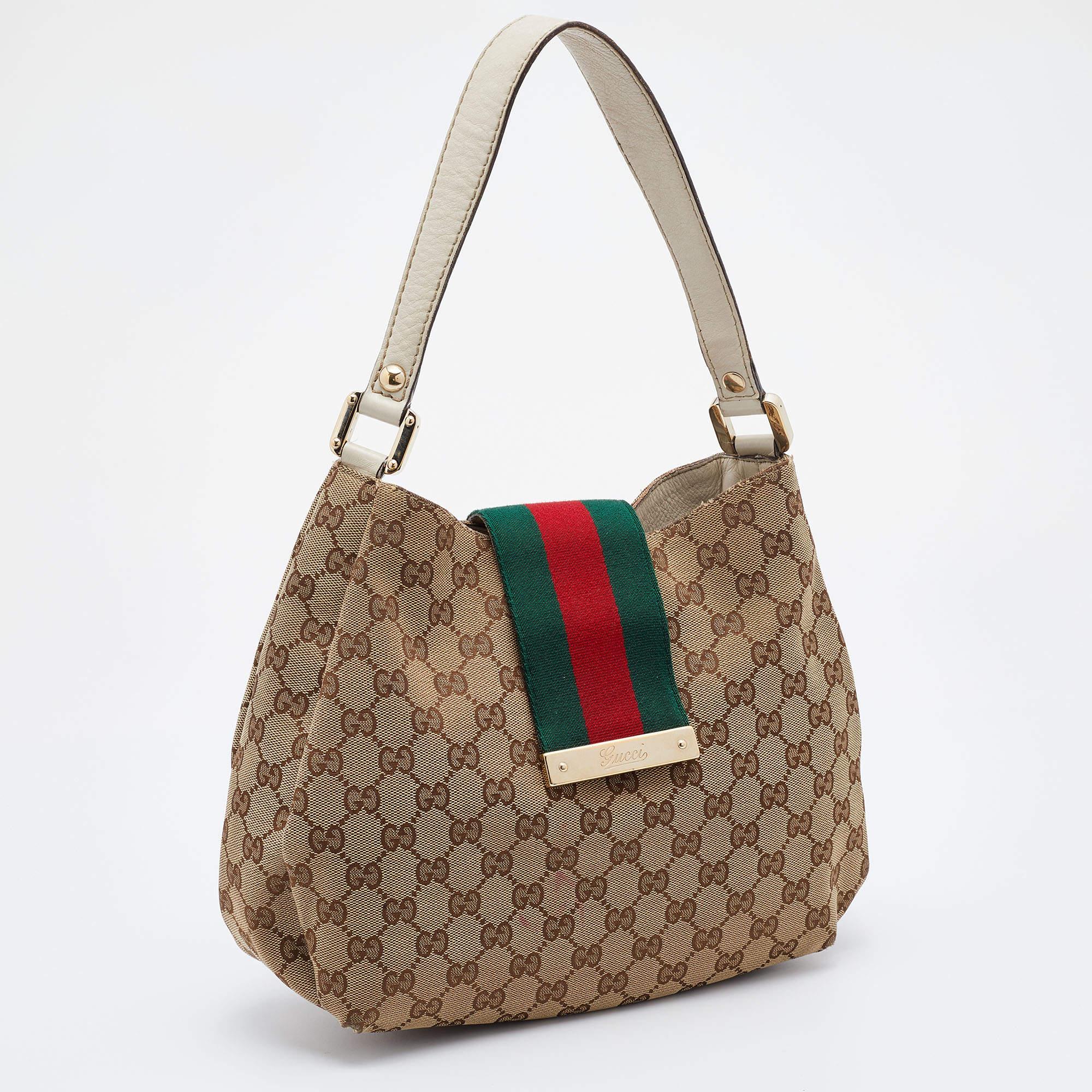 Women's Gucci Beige/Brown GG Canvas And Leather Medium New Ladies Web Hobo