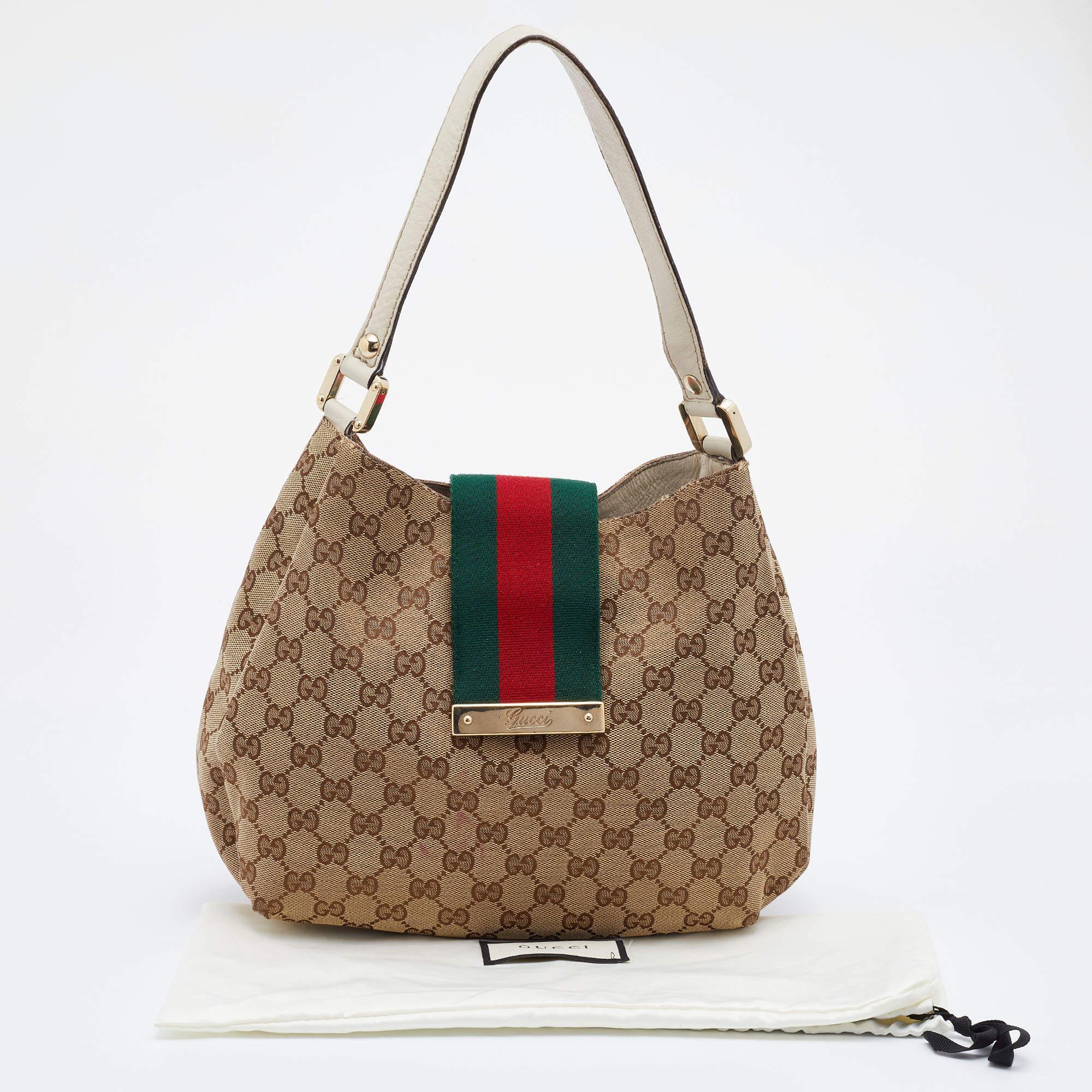 Gucci Beige/Brown GG Canvas And Leather Medium New Ladies Web Hobo 2