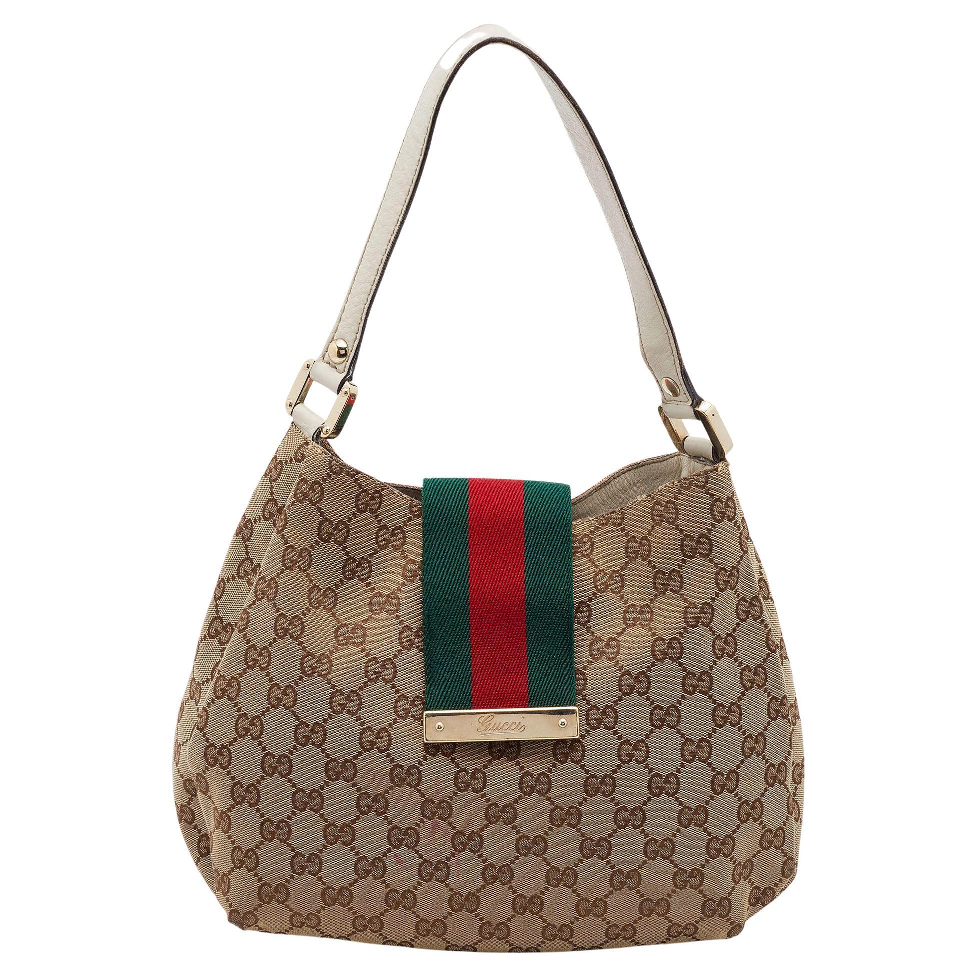 Gucci Beige/Brown GG Canvas And Leather Medium New Ladies Web Hobo