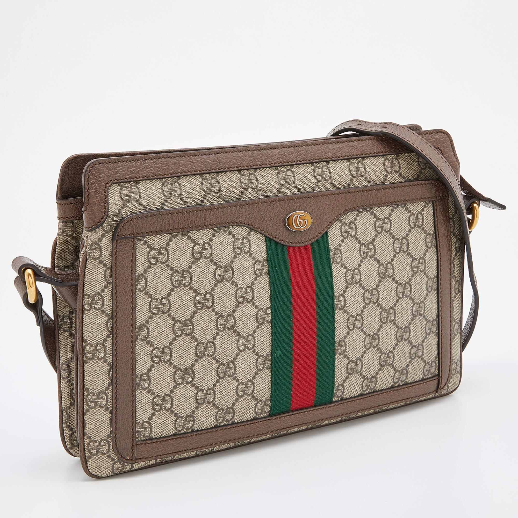 Gucci Beige/Brown GG Canvas and Leather Medium Ophidia Zip Crossbody Bag In Good Condition In Dubai, Al Qouz 2