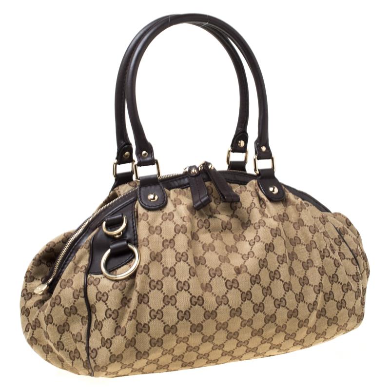 Women's Gucci Beige/Brown GG Canvas and Leather Medium Sukey Boston Bag