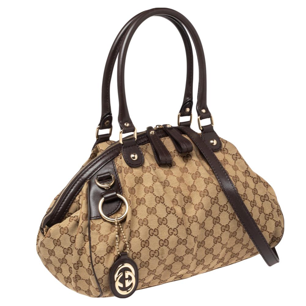 Gucci Beige/Brown GG Canvas and Leather Medium Sukey Boston Bag In Good Condition In Dubai, Al Qouz 2