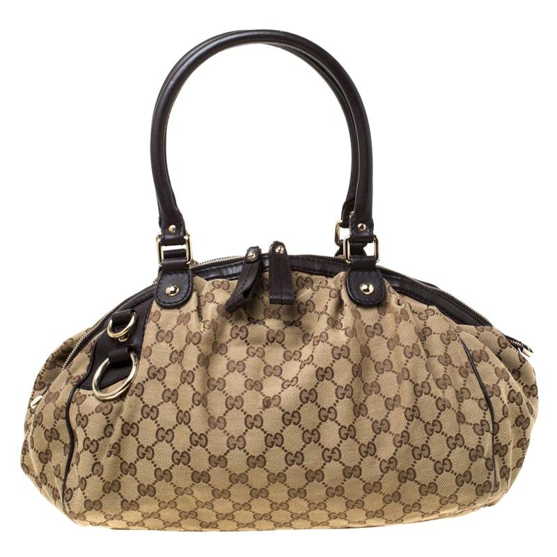 Gucci Beige/Brown GG Canvas and Leather Medium Sukey Boston Bag