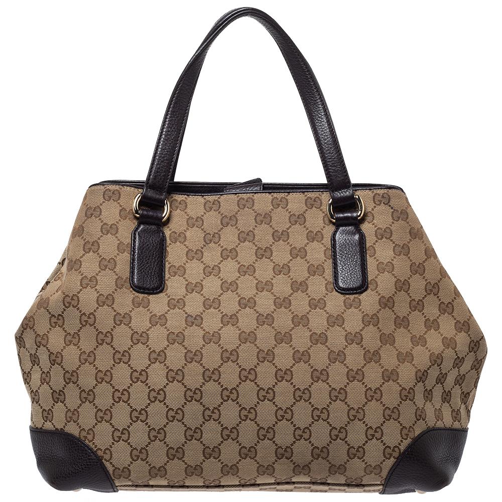 Gucci Beige/Brown GG Canvas and Leather Medium Supreme Web Dressage Tote For Sale 7