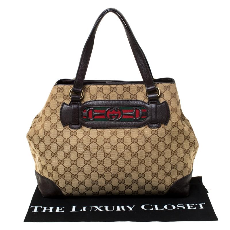 Gucci Beige/Brown GG Canvas and Leather Medium Supreme Web Dressage Tote 8