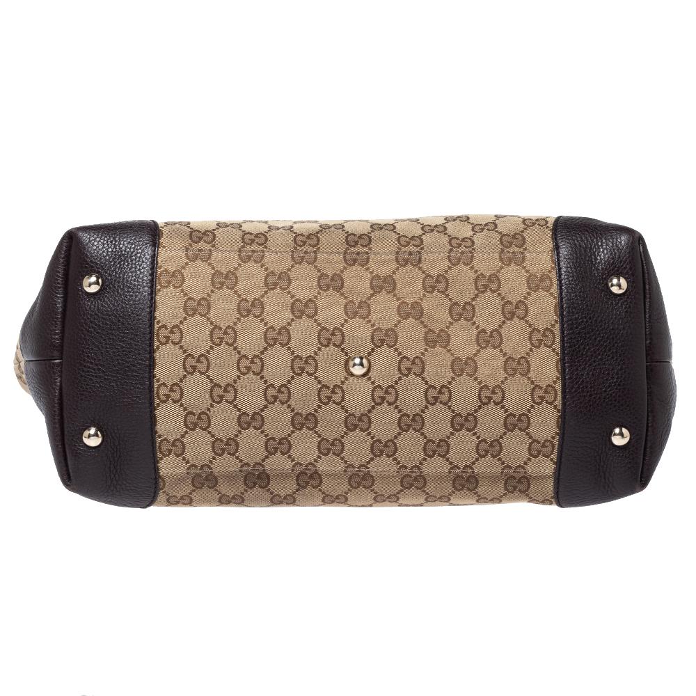 Gucci Beige/Brown GG Canvas and Leather Medium Supreme Web Dressage Tote For Sale 8