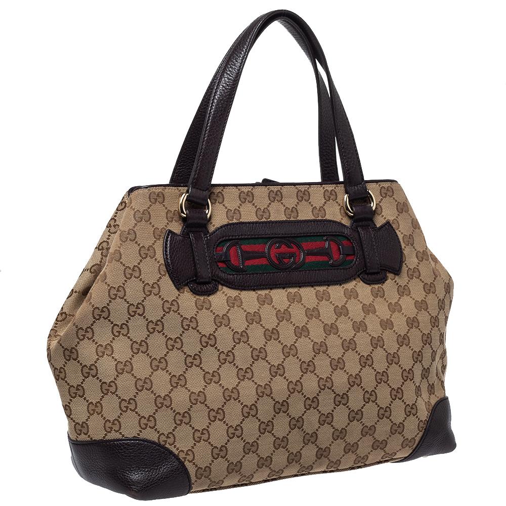 Gucci Beige/Brown GG Canvas and Leather Medium Supreme Web Dressage Tote In Good Condition For Sale In Dubai, Al Qouz 2