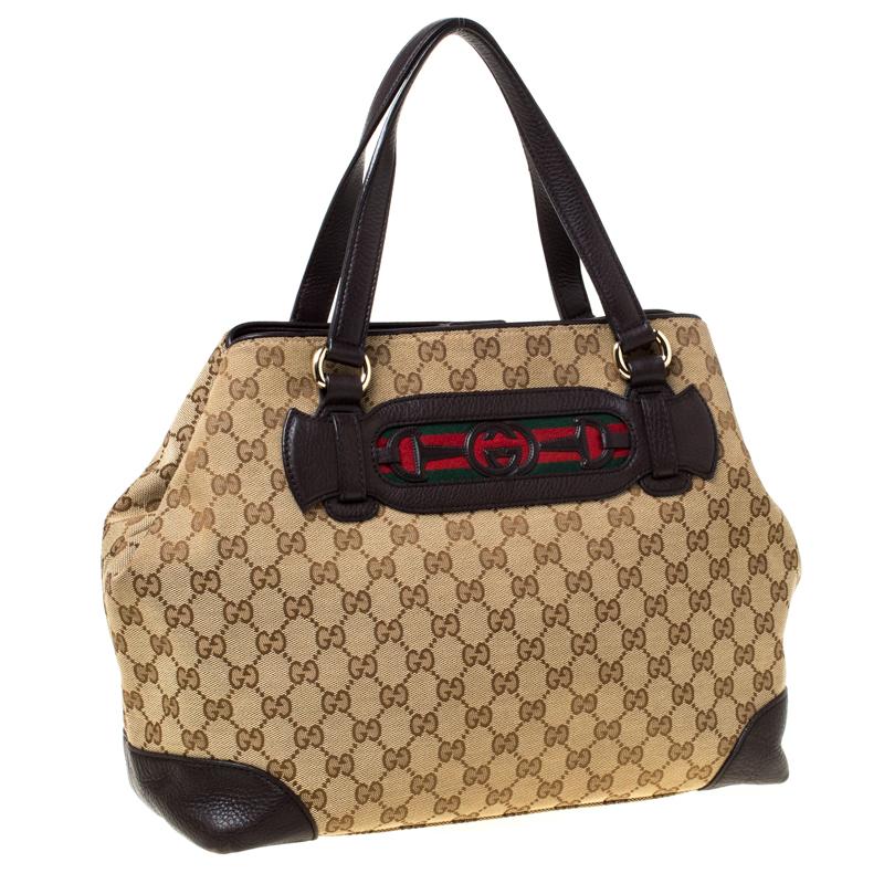Women's Gucci Beige/Brown GG Canvas and Leather Medium Supreme Web Dressage Tote