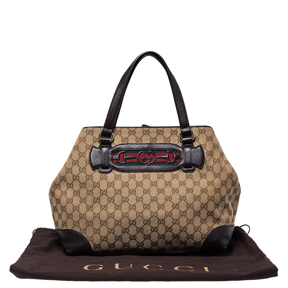 Gucci Beige/Brown GG Canvas and Leather Medium Supreme Web Dressage Tote For Sale 3
