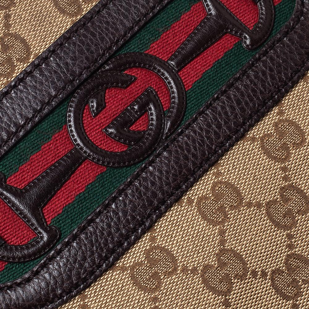 Gucci Beige/Brown GG Canvas and Leather Medium Supreme Web Dressage Tote For Sale 4
