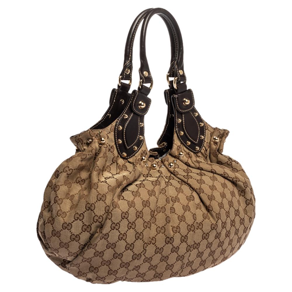 Gucci Beige/Brown GG Canvas and Leather Pelham Studded Hobo In Fair Condition In Dubai, Al Qouz 2