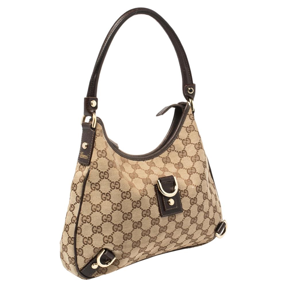 Gucci Beige/Brown GG Canvas and Leather Small Abbey D-Ring Hobo In Good Condition In Dubai, Al Qouz 2