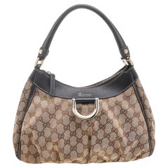 Gucci Beige/Brown GG Canvas and Leather Small D Ring Hobo