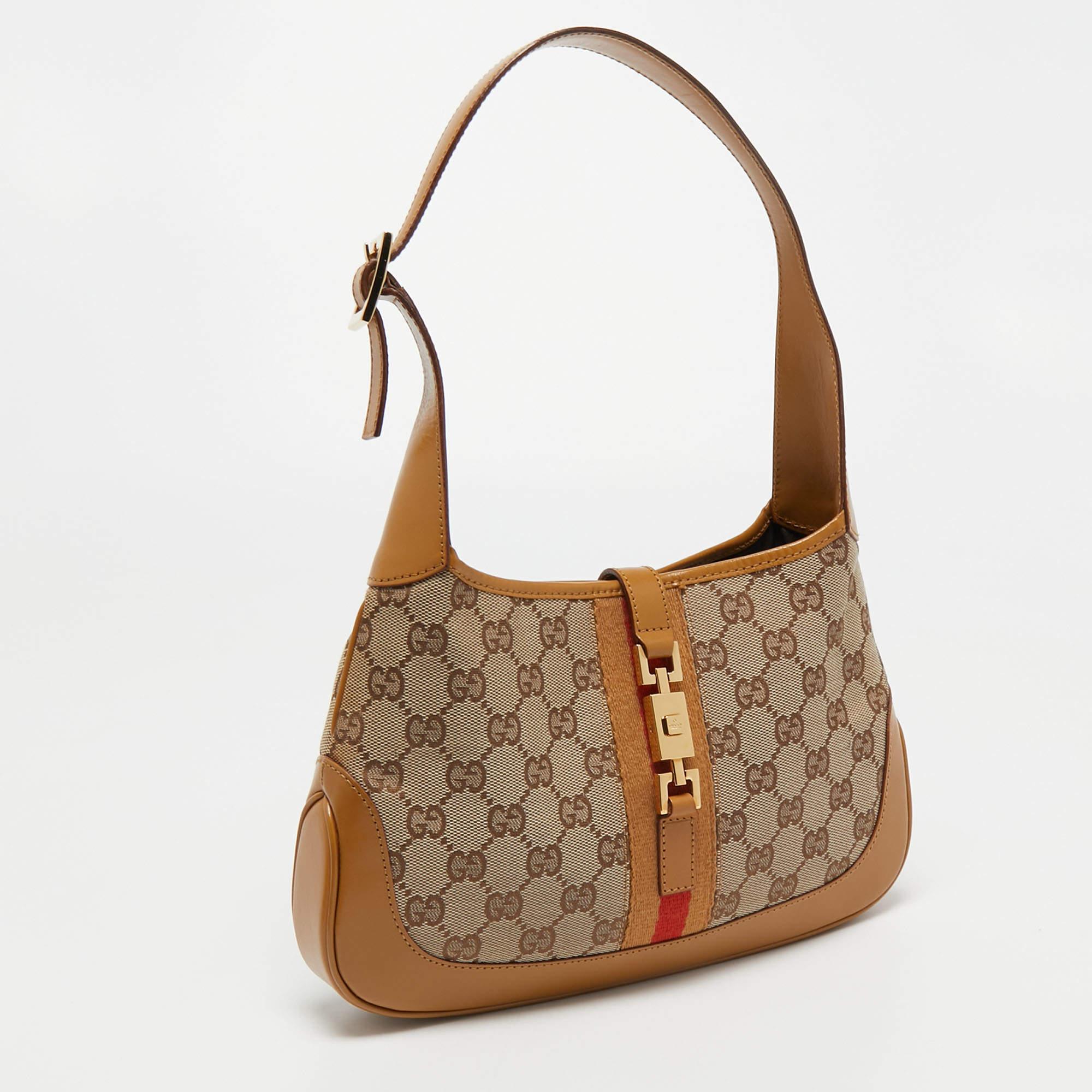 Gucci Beige/Brown GG Canvas and Leather Small Jackie Hobo In Good Condition For Sale In Dubai, Al Qouz 2