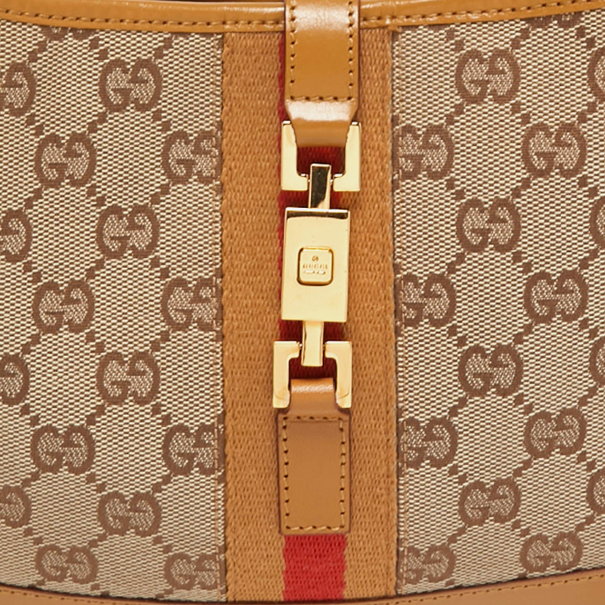 Gucci Beige/Brown GG Canvas and Leather Small Jackie Hobo For Sale 1