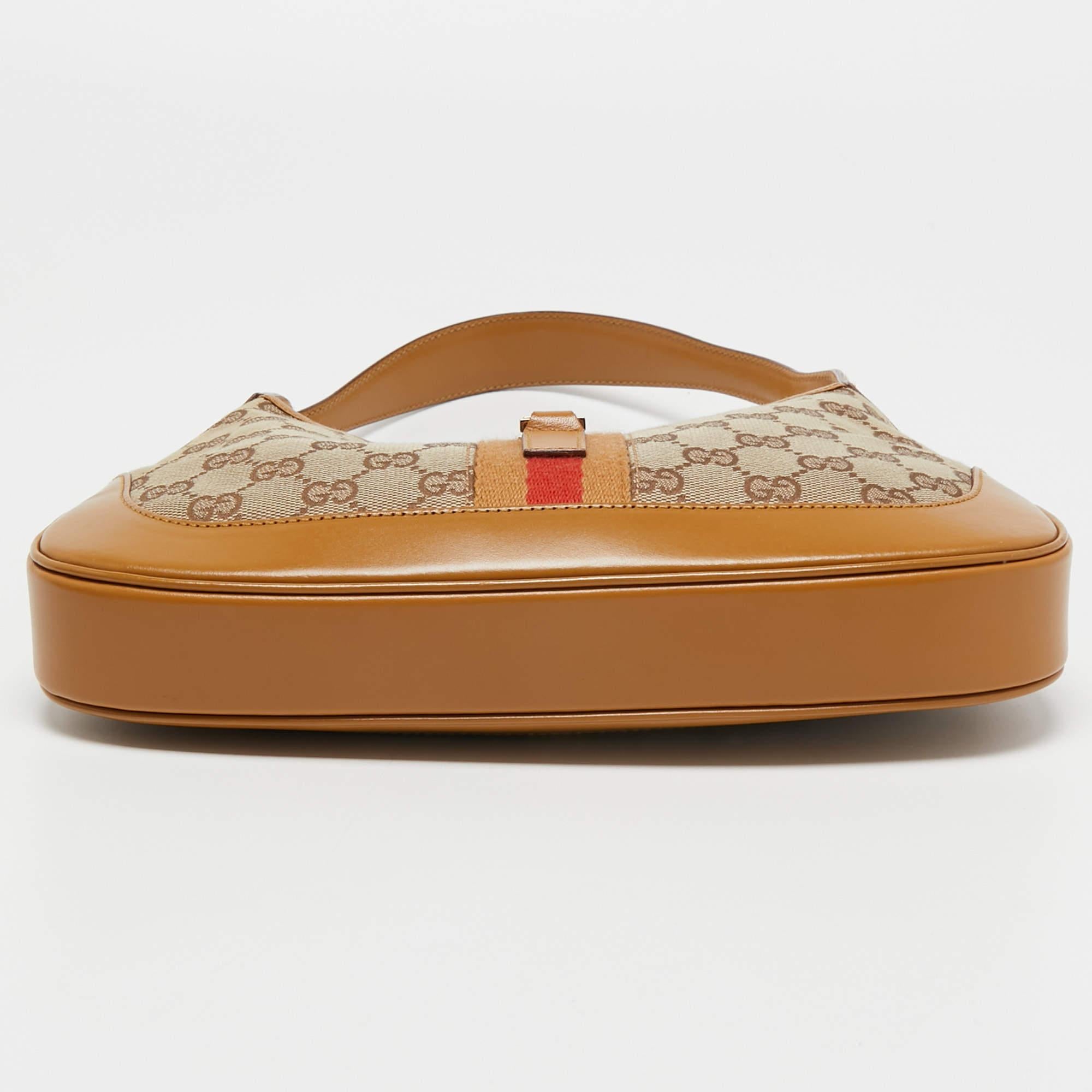 Gucci Beige/Brown GG Canvas and Leather Small Jackie Hobo For Sale 5