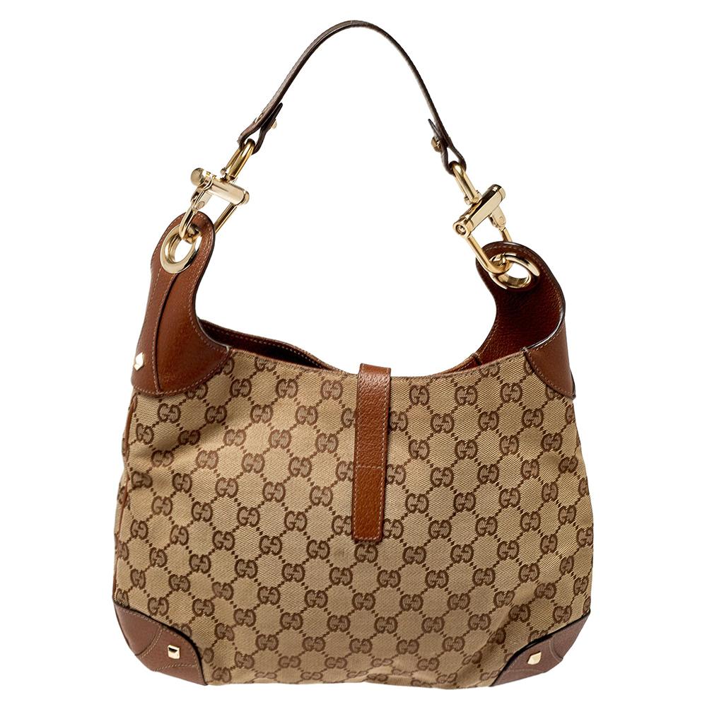 Gucci Beige/Brown GG Canvas and Leather Small Jackie Nailhead Hobo In Good Condition In Dubai, Al Qouz 2
