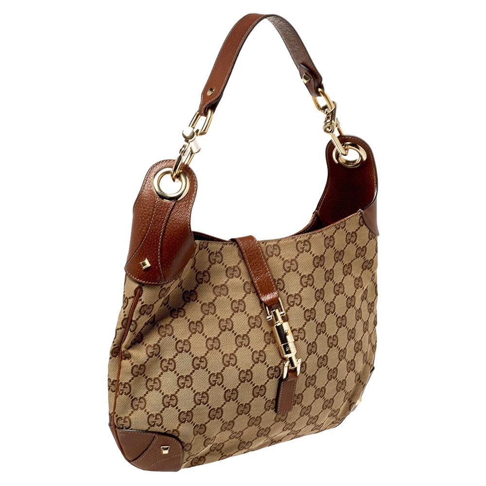 Gucci Beige/Braun GG Canvas und Leder Small Jackie Nailhead Hobo Damen