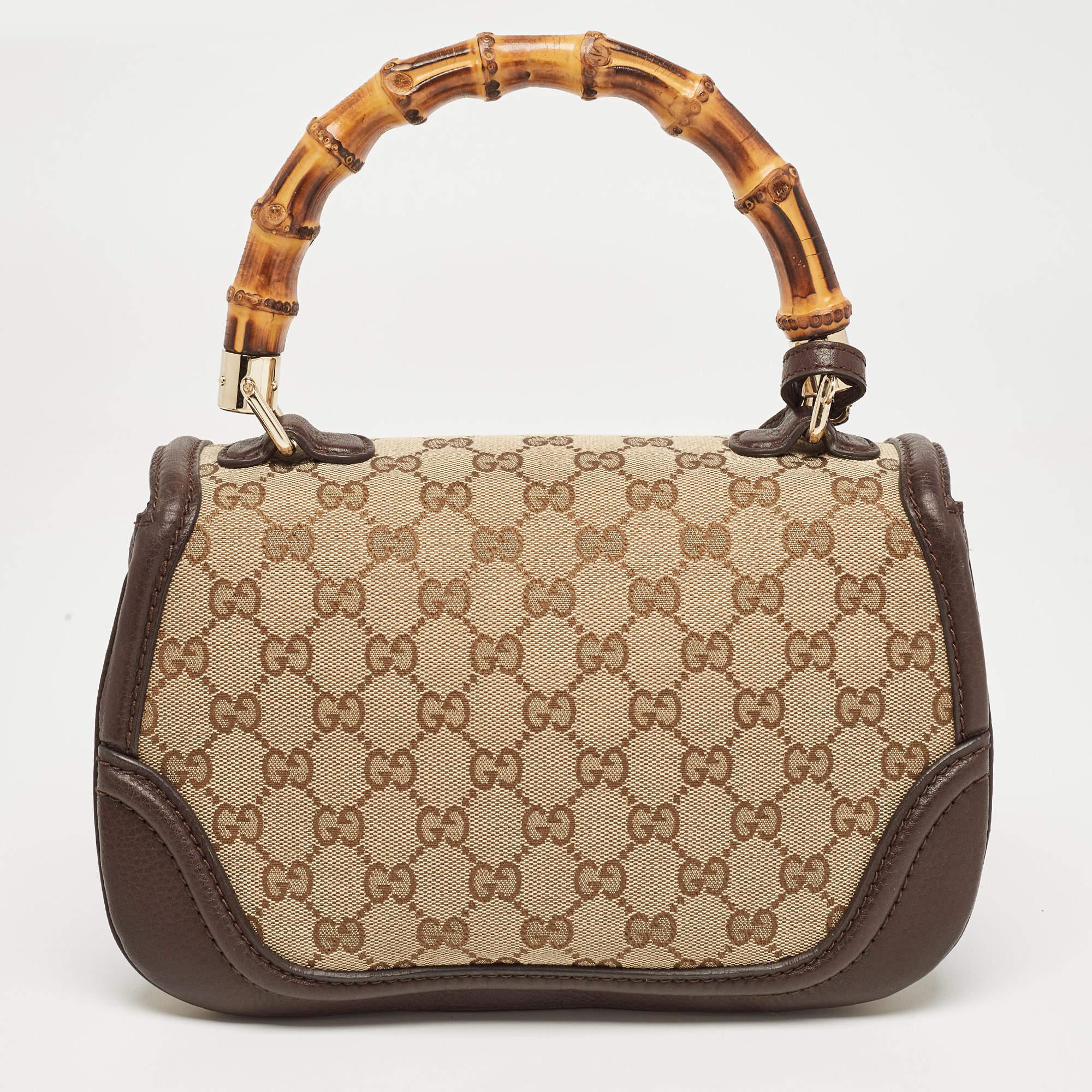 Gucci Beige/Brown GG Canvas and Leather Tassel New Bamboo Top Handle Bag For Sale 7