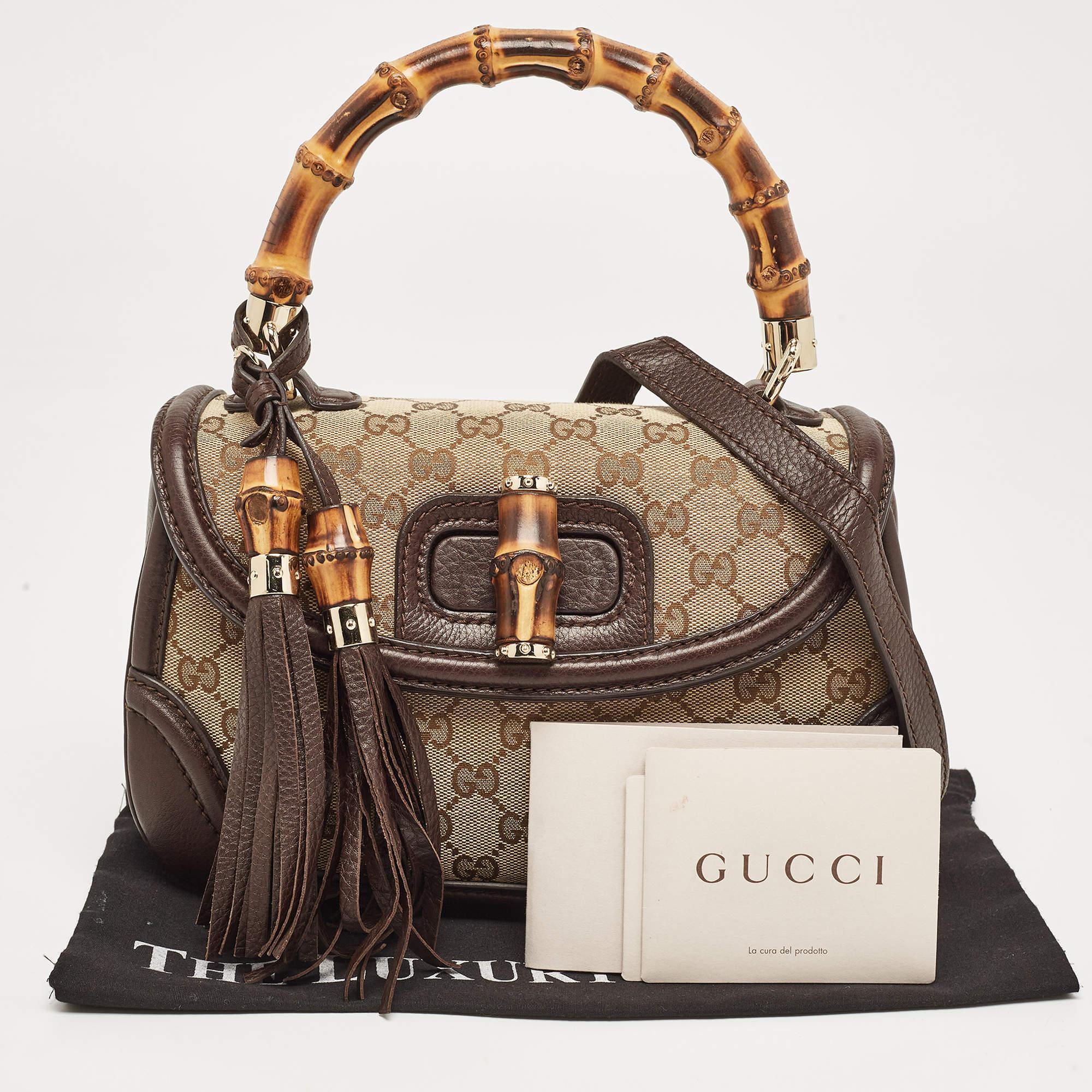 Gucci Beige/Brown GG Canvas and Leather Tassel New Bamboo Top Handle Bag en vente 8