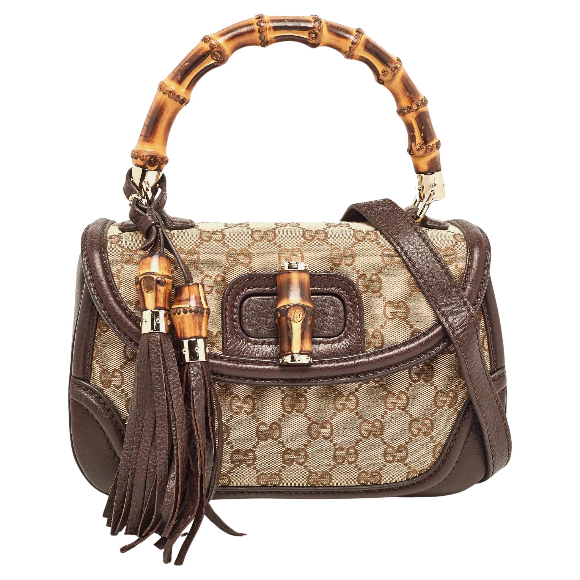 Gucci Beige/Brown GG Canvas and Leather Tassel New Bamboo Top Handle Bag en vente