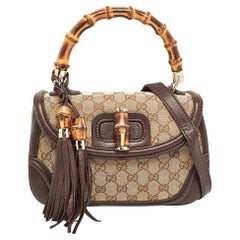 Gucci Beige/Brown GG Canvas and Leather Tassel New Bamboo Top Handle Bag