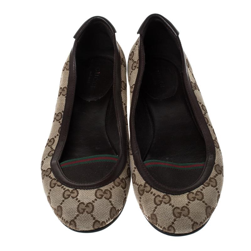 Women's Gucci Beige/Brown GG Canvas and Leather Web Ballet Flats Size 39
