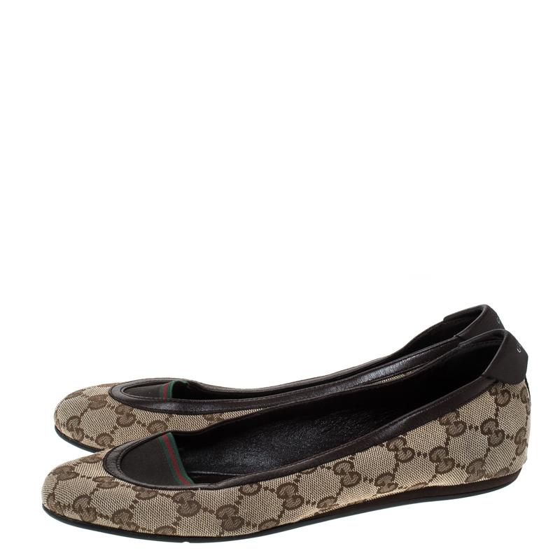 Gucci Beige/Brown GG Canvas and Leather Web Ballet Flats Size 39 2