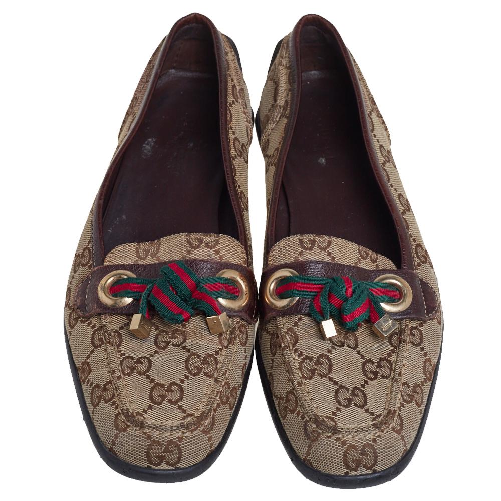 Black Gucci Beige/Brown GG Canvas and Leather Web Bow Detail Loafers Size 38