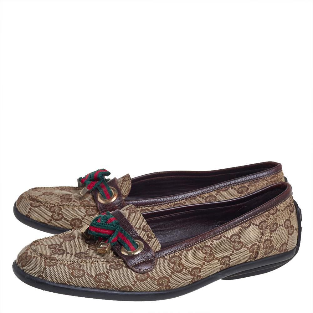 Gucci Beige/Brown GG Canvas and Leather Web Bow Detail Loafers Size 38 In Good Condition In Dubai, Al Qouz 2