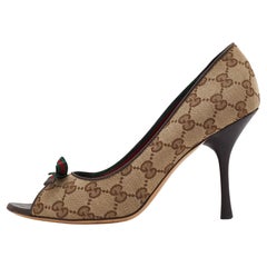 Gucci Beige/Brown GG Canvas And Leather Web Bow Peep Toe Pumps Size 38