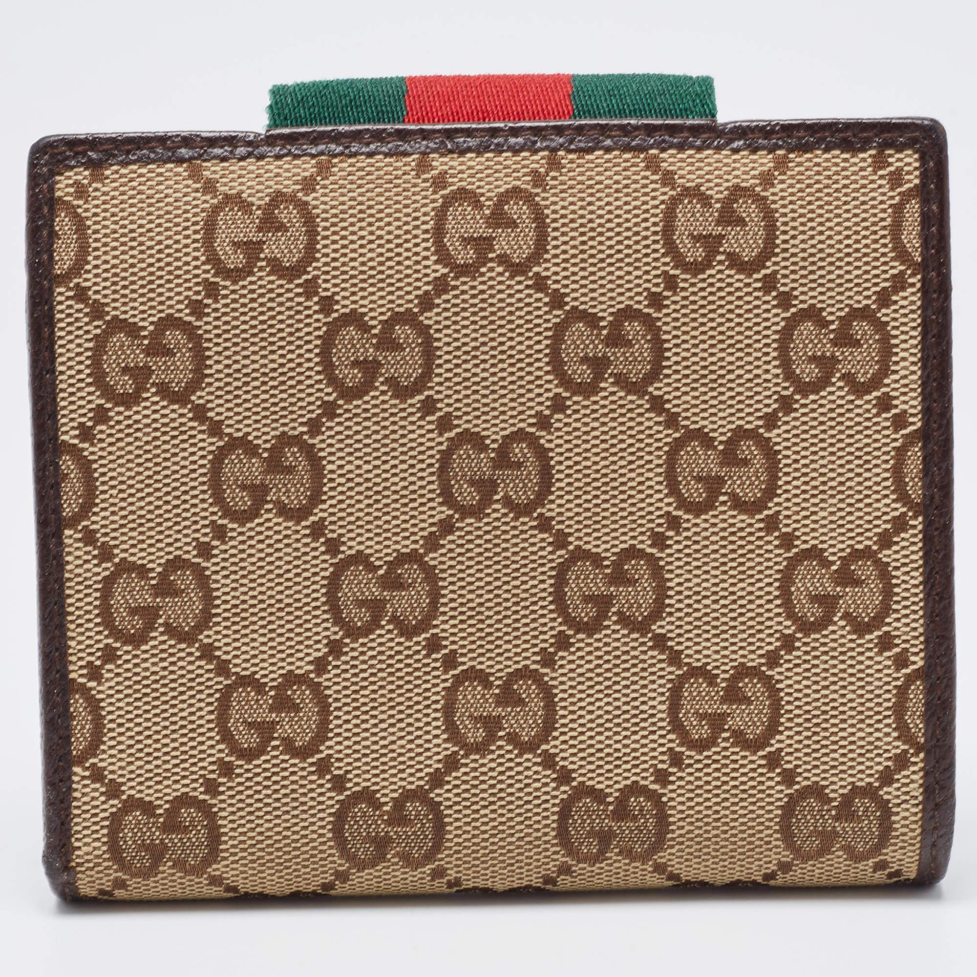 Gucci Beige/Brown GG Canvas and Leather Web French Wallet In Good Condition In Dubai, Al Qouz 2