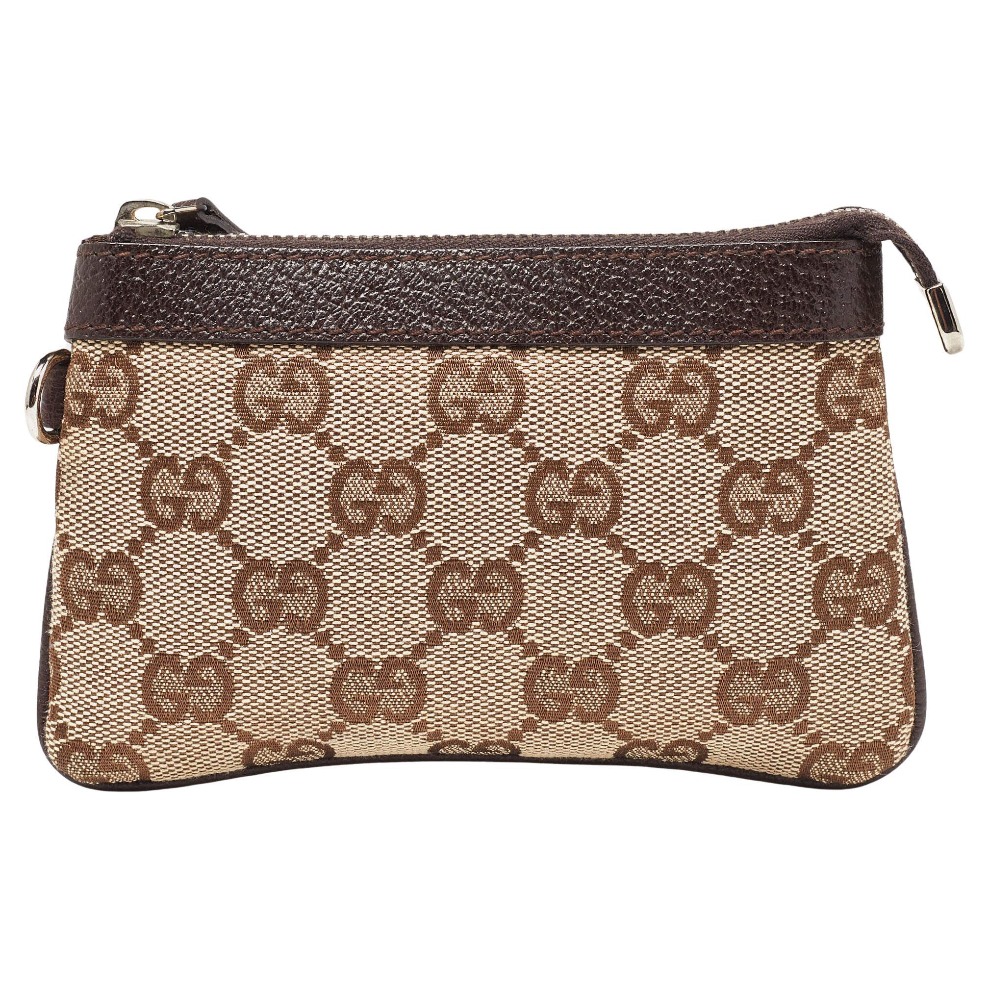 Gucci Beige/Brown GG Canvas and Leather Zip Pouch For Sale