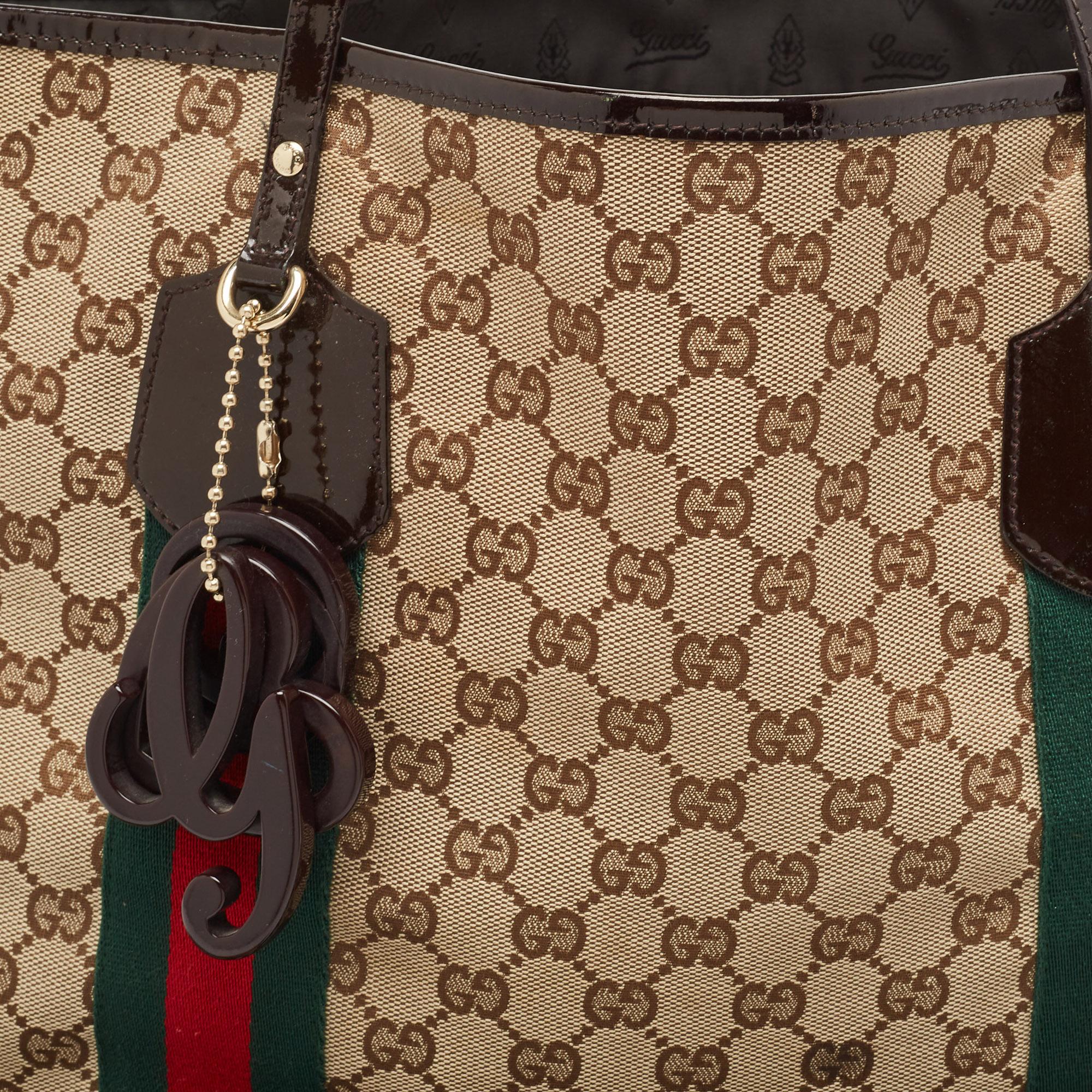 Gucci Beige/Brown GG Canvas and Patent Leather Jolie Web Charms Tote 10