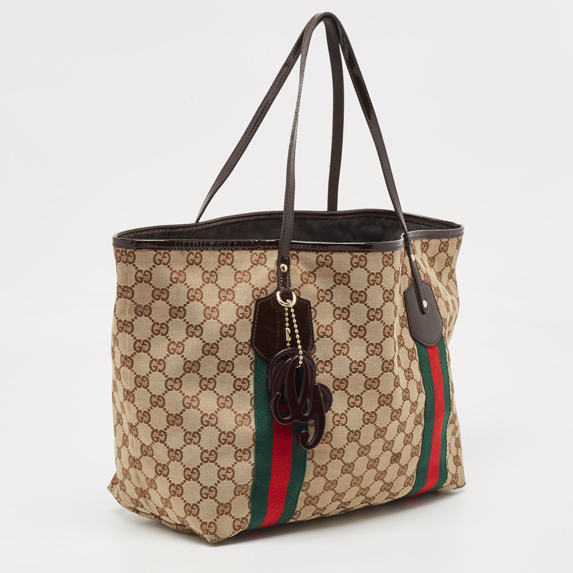 Women's Gucci Beige/Brown GG Canvas and Patent Leather Jolie Web Charms Tote