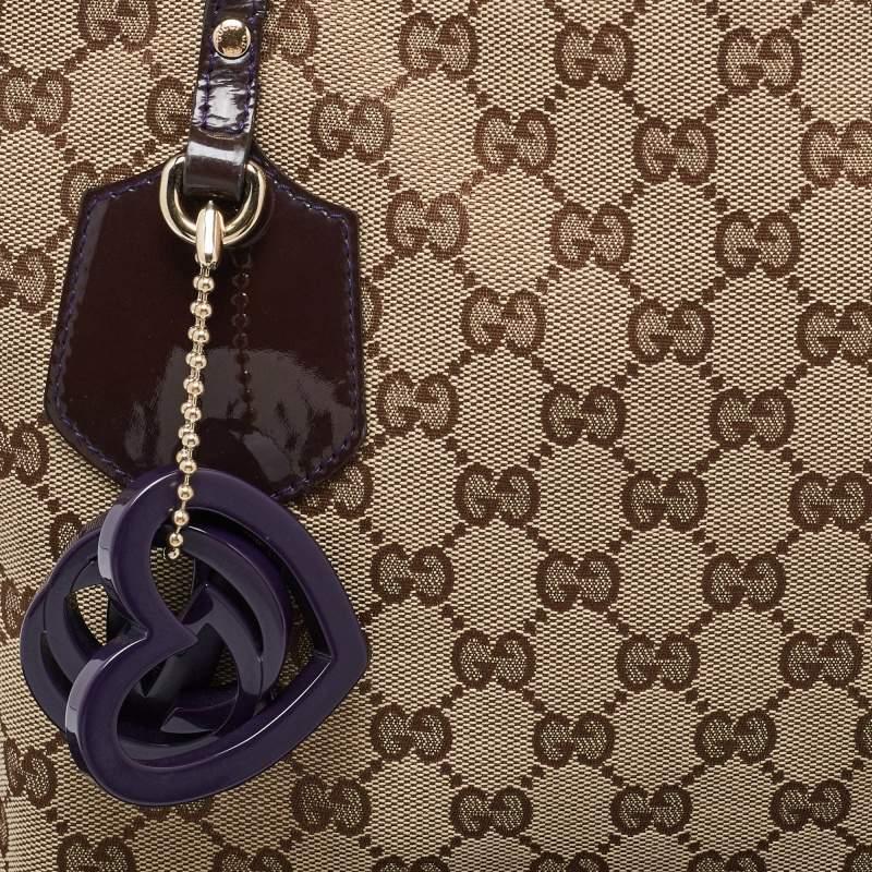 Gucci Beige/Brown GG Canvas and Patent Leather Small Jolie Web Charms Tote For Sale 8