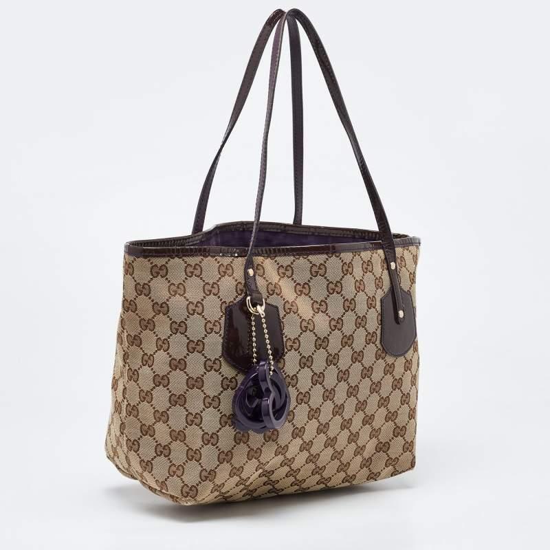 Women's Gucci Beige/Brown GG Canvas and Patent Leather Small Jolie Web Charms Tote For Sale