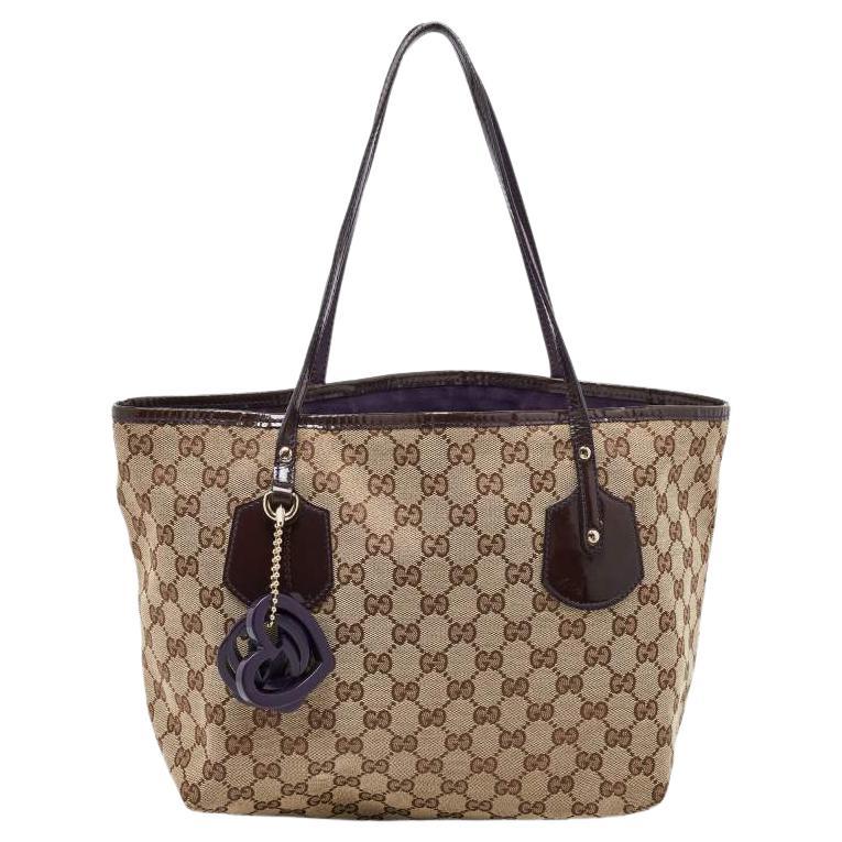 Gucci Beige/Brown GG Canvas and Patent Leather Small Jolie Web Charms Tote For Sale