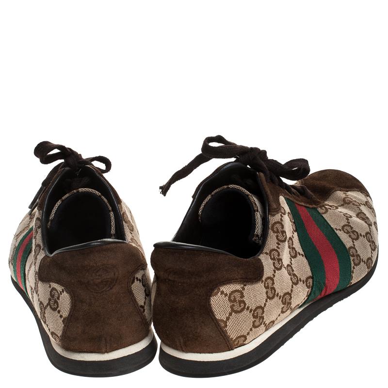 Gucci Beige/Brown GG Canvas And Suede Ace Vintage Web Lace Up Sneakers Size 41.5 In Good Condition In Dubai, Al Qouz 2