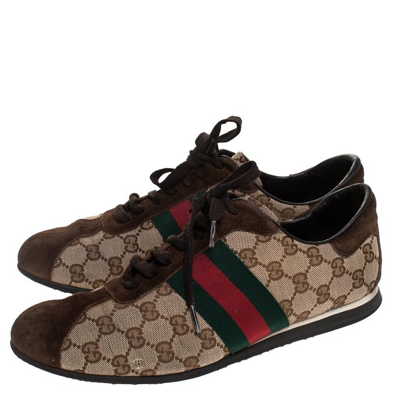 Men's Gucci Beige/Brown GG Canvas And Suede Ace Vintage Web Lace Up Sneakers Size 41.5