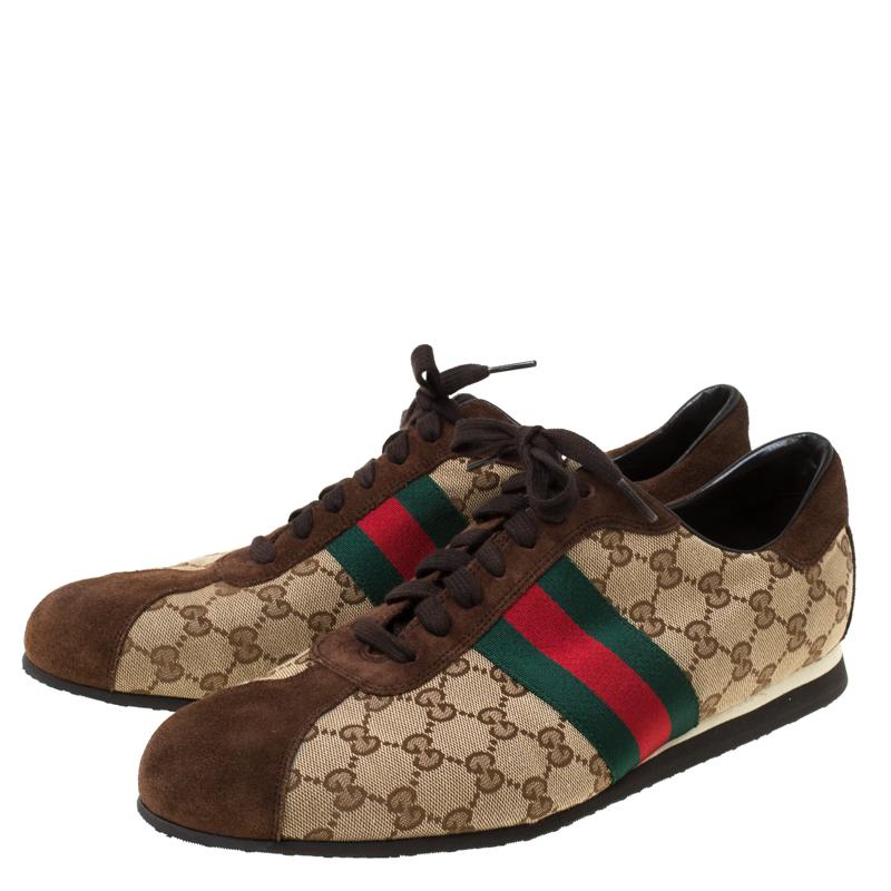 Gucci Beige/Brown GG Canvas and Suede Classic Web Lace Up Sneakers Size 45.5 In Excellent Condition In Dubai, Al Qouz 2