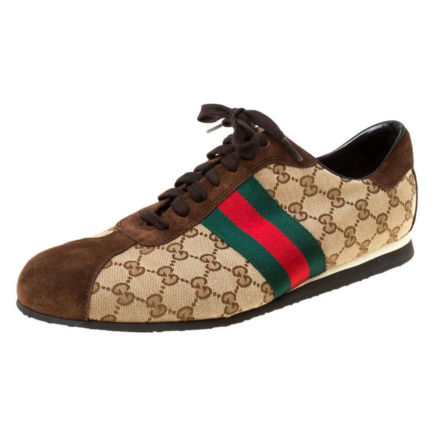 Gucci Beige/Brown GG Canvas and Suede Classic Web Lace Up Sneakers Size  45.5 For Sale at 1stDibs | gucci shoes